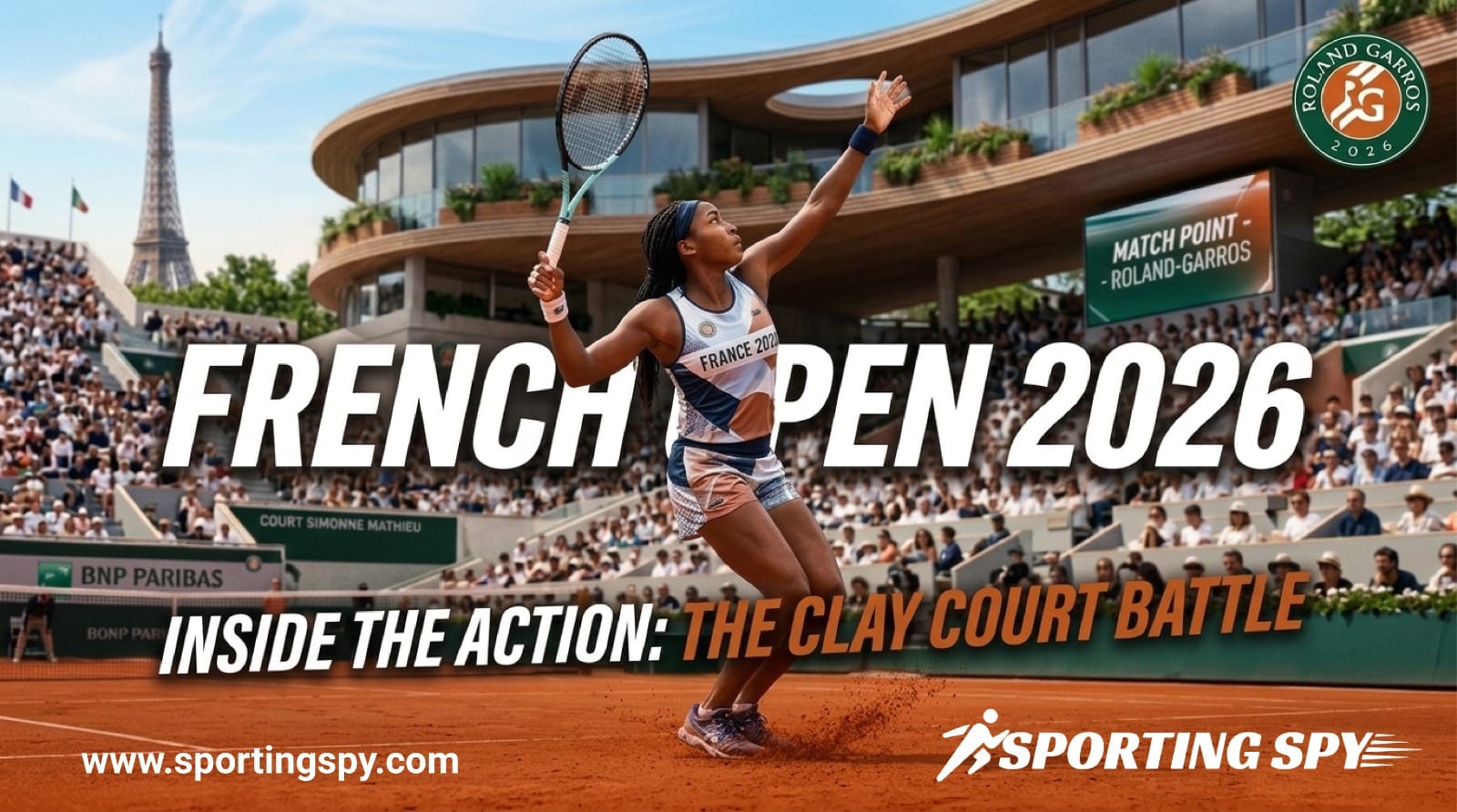 Tennis players competing on a red clay court at Roland-Garros in Paris during the French Open.